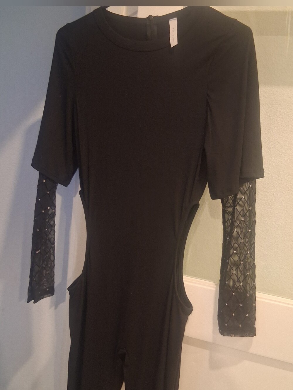Black Women's Jumpsuit with Mesh Embellished Sleeves